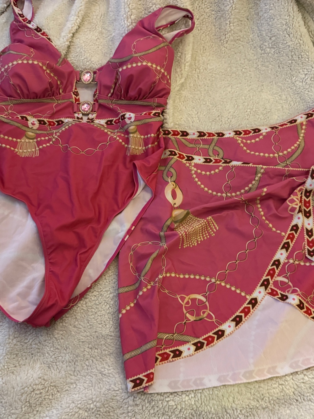 Womens Pink Chain-Print One-Piece Swimsuit with Skirt